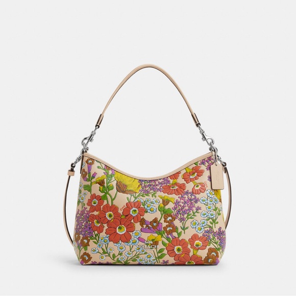 New Coach Silver/ Ivory Laurel Shoulder Bag With Floral Print #CT222 - Picture 1 of 5